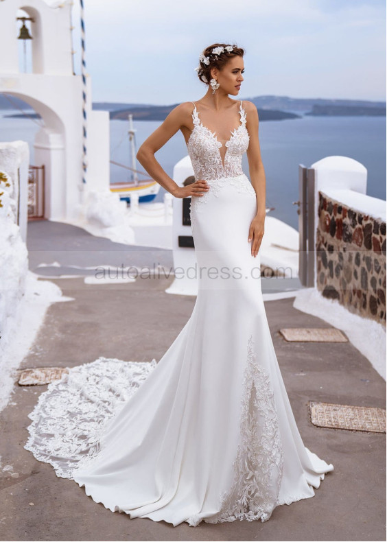 Sexy Ivory Lace Satin Beaded Wedding Dress
